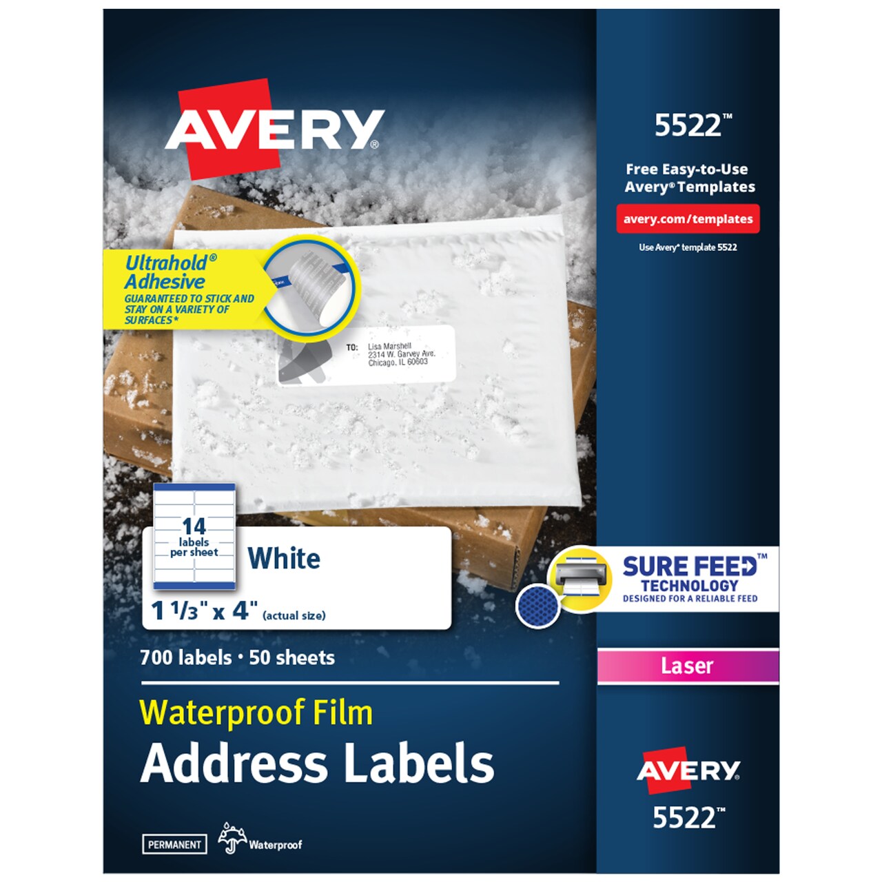 Avery Waterproof Address Labels with Ultrahold Permanent Adhesive, 1-1/3" x 4", 700 Labels for Laser Printers (5522)